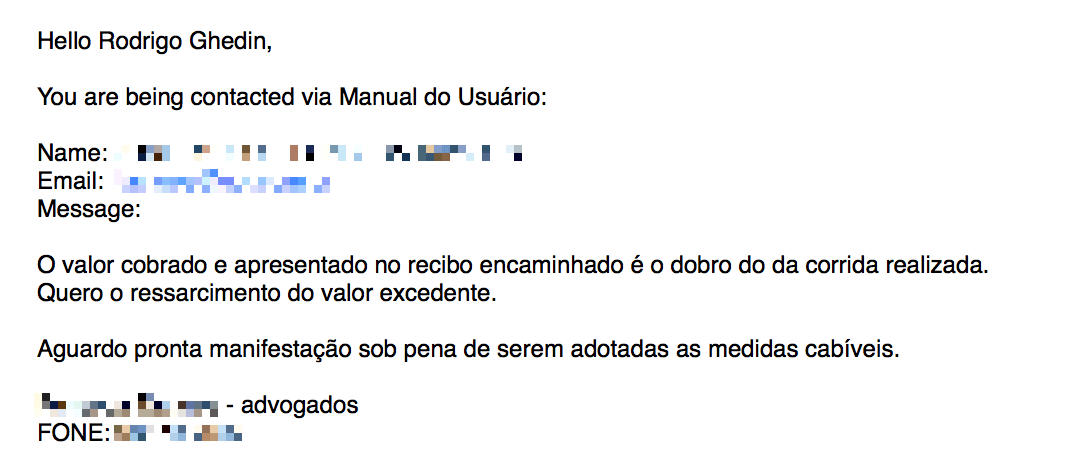 Pedido de ressarcimento ao Uber.