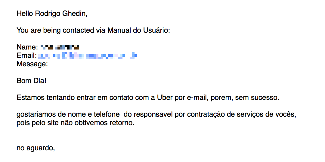 Tentando contratar o Uber por e-mail.
