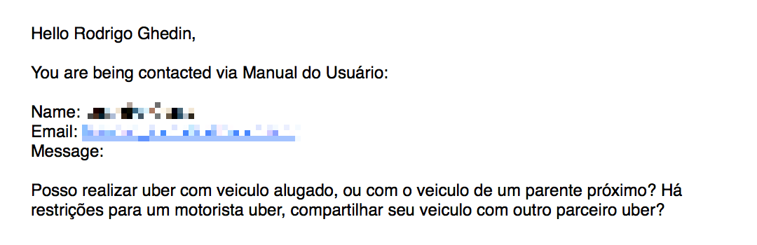 E-mail perguntando sobre trabalho no Uber.