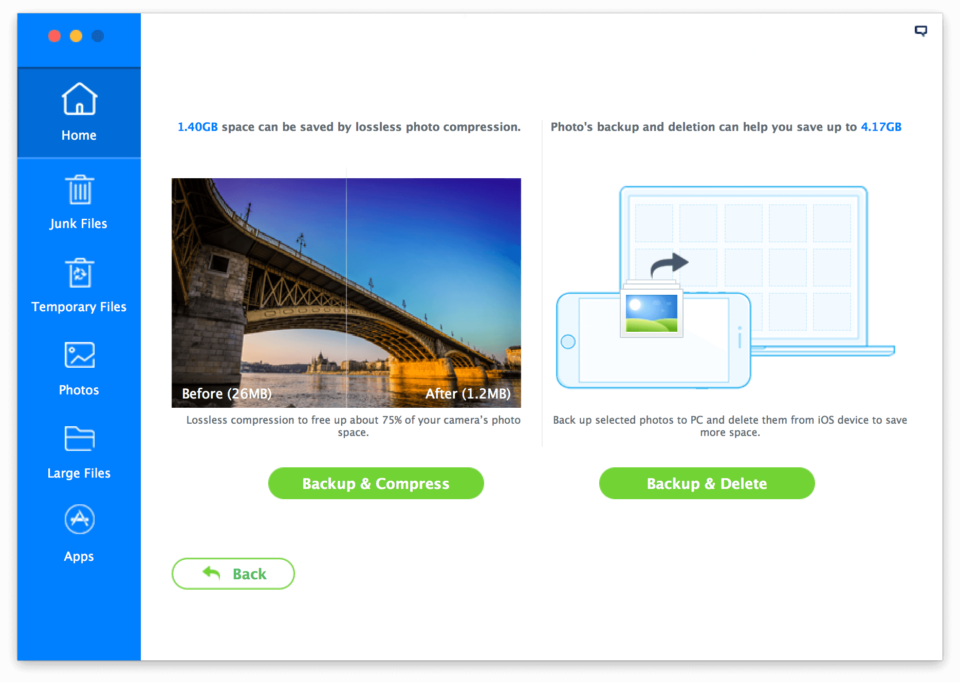 Opções para economizar espaço com fotos do iMyfone Umate.