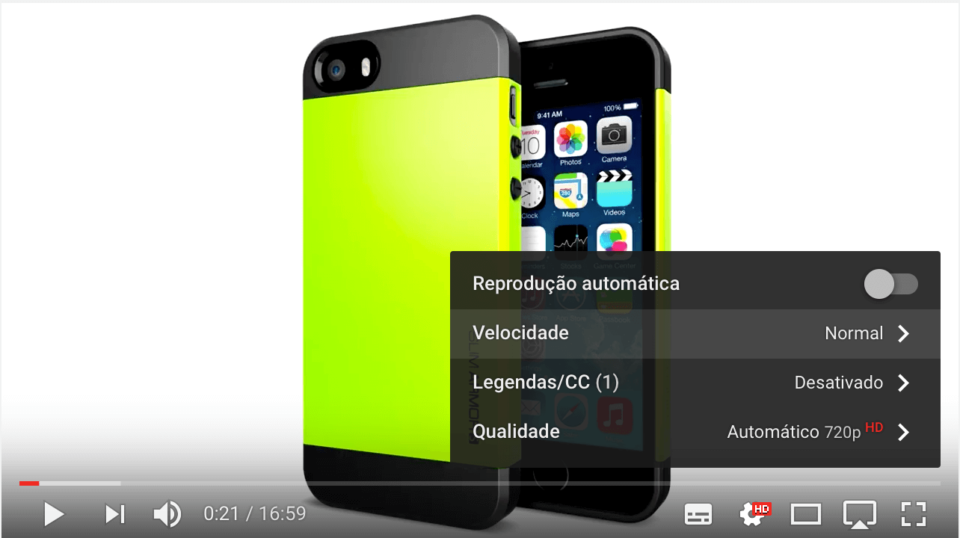 Menu para alterar a velocidade de reprodução do vídeo no YouTube.