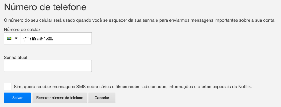 Tela de configuração do telefone na conta da Netflix.