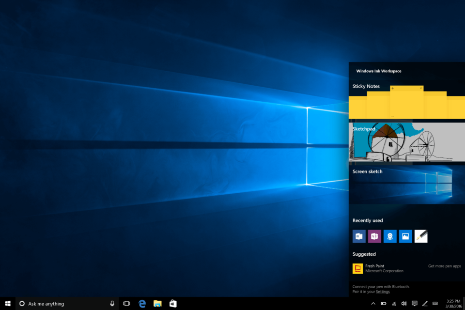 Barra lateral do Windows Ink no Windows 10 Anniversary Update.