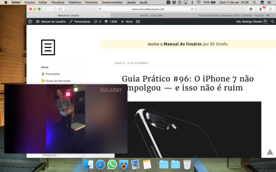 PIP do YouTube no Safari do macOS.