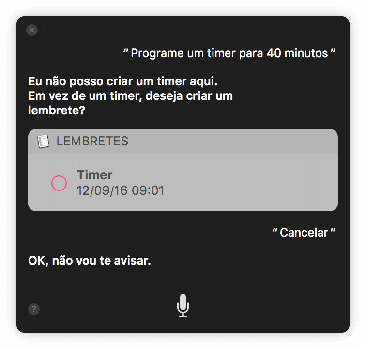 Siri responde que não consegue criar um timer no macOS.