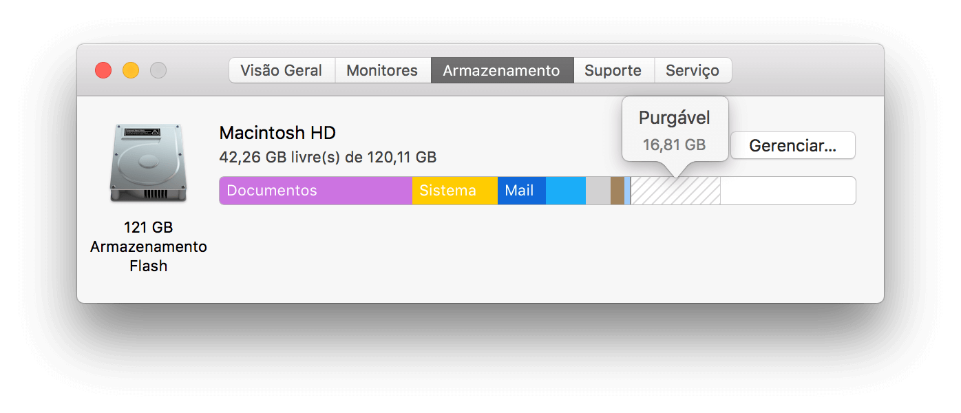 Divisão do armazenamento consumido e do que pode ser purgável no macOS.