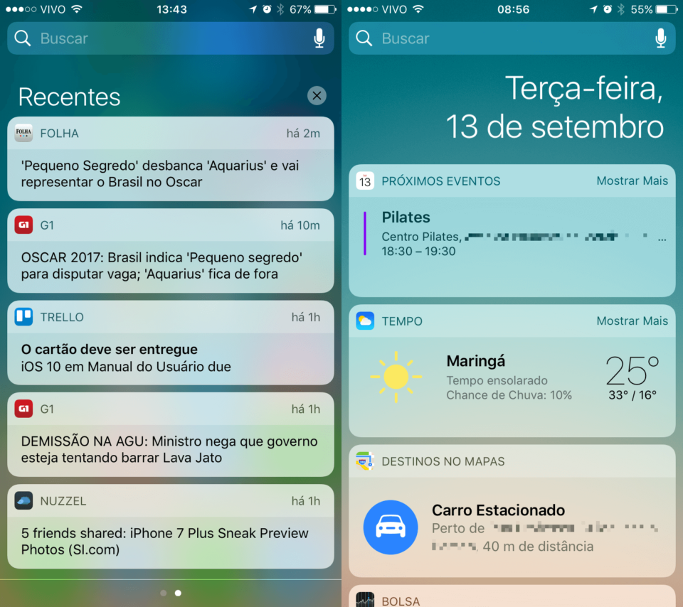 Exemplos do uso de cartões na interface do iOS 10.