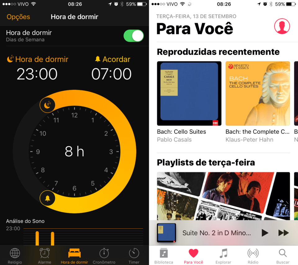 Novos visuais dos apps Relógio e Apple Music.