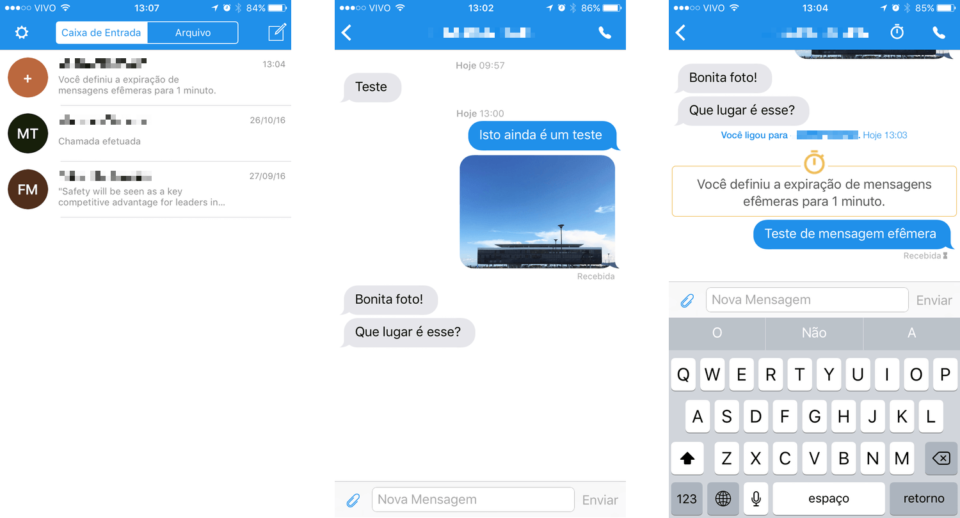 Telas exibindo recursos do Signal para iPhone.