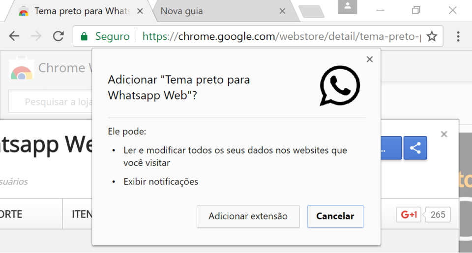 As permissões que o tema preto do WhatsApp exige no Chrome. 